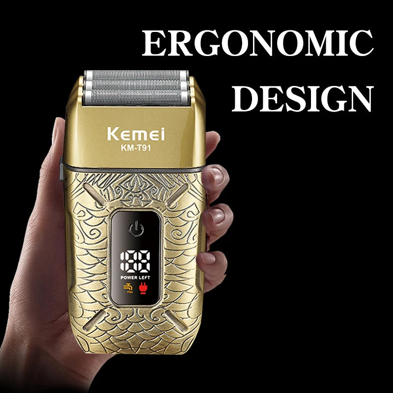 Kemei KM-T91 Reciprocating 3-Blade Electric Shaver with USB Charging, Metallic Finish, Men's Beard Trimmer