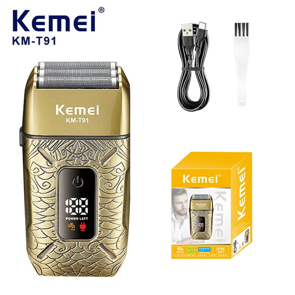 Kemei KM-T91 Reciprocating 3-Blade Electric Shaver with USB Charging, Metallic Finish, Men's Beard Trimmer
