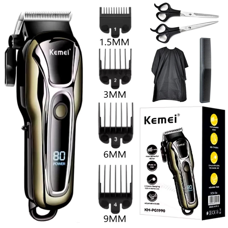 Kemei Professional Hair Clipper Electric Barber Clipper USB Rechargeable Hair Trimmer for Men  LCD Display Haircut Set KM-PG1990