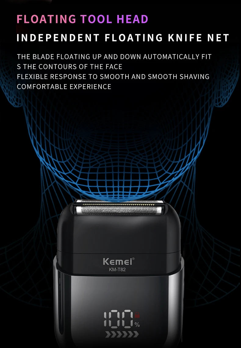 Kemei T82 Professional Waterproof Electric Shaver Rechargeable Shaving Machine for Men Digital Display Beard Trimmer Mini Razor