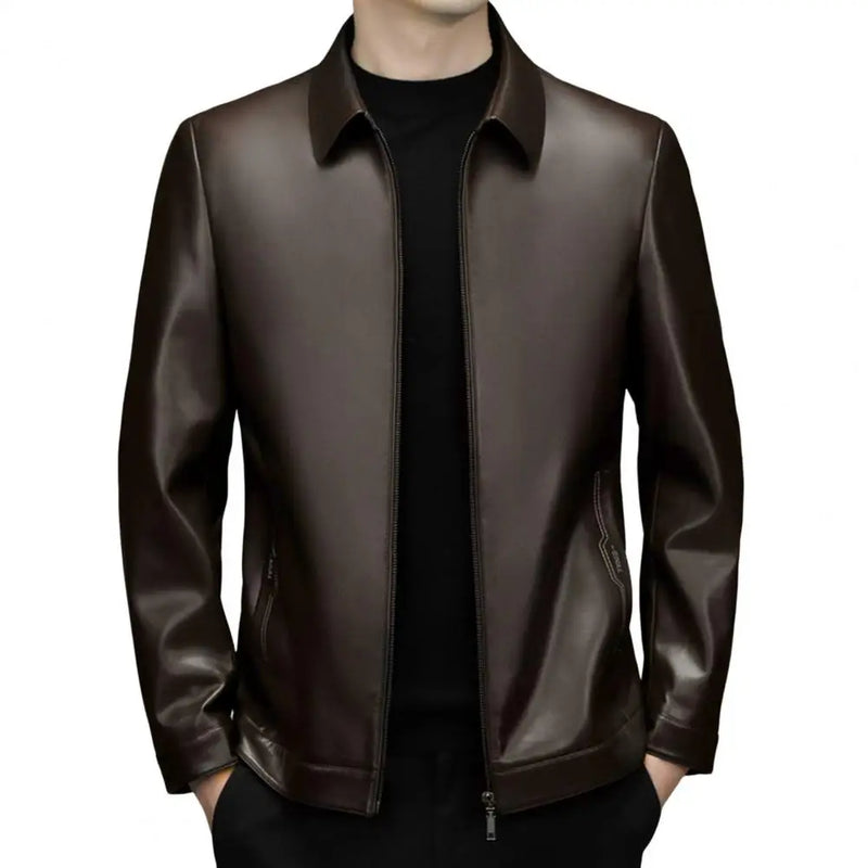 Long Sleeve Men Jacket Stylish Men's Faux Leather Jacket with Zipper Placket Lapel Collar Regular Fit Short Style for Casual
