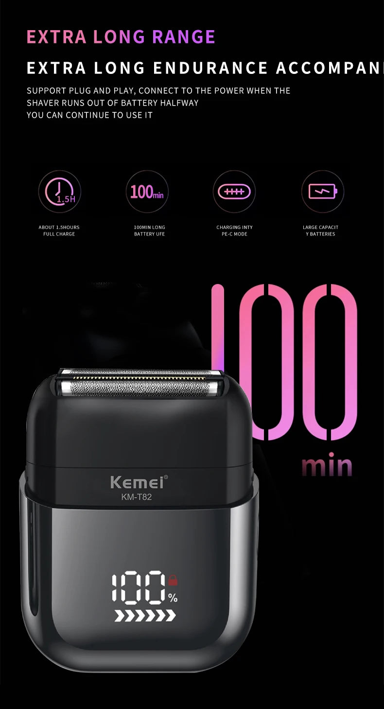 Kemei T82 Professional Waterproof Electric Shaver Rechargeable Shaving Machine for Men Digital Display Beard Trimmer Mini Razor