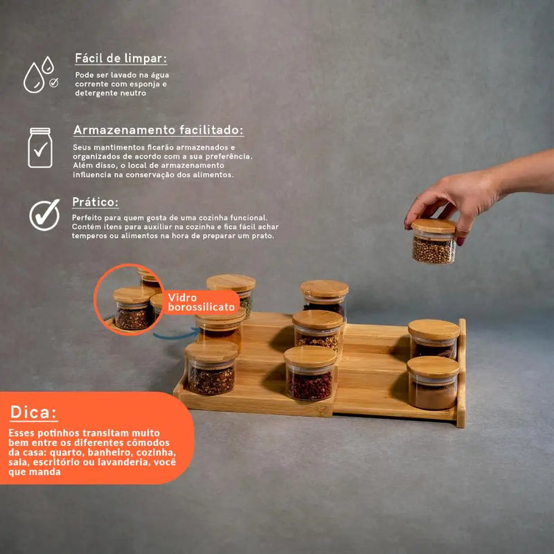 110ml 9 Pots Airtight Kit with Bamboo Lid and Bamboo Organizer Rack-Oikos