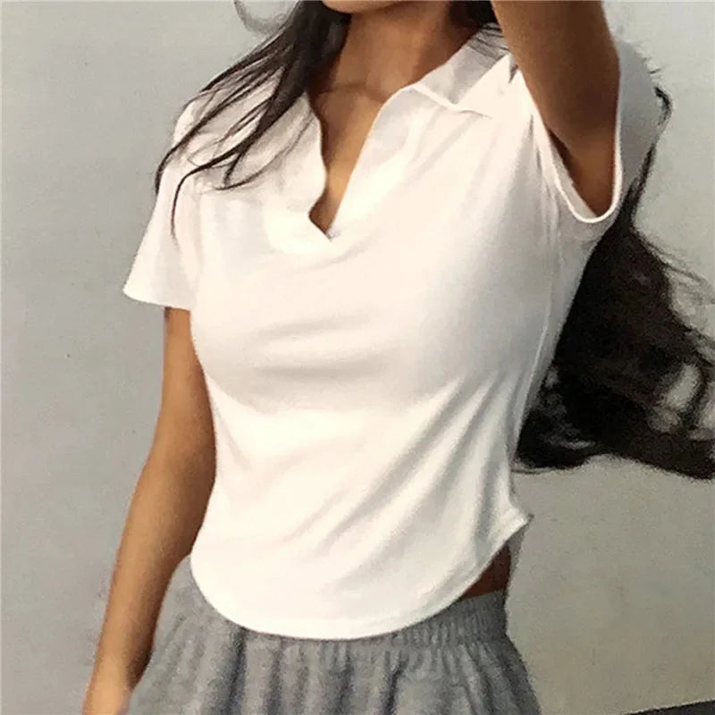 Summer Short Sleeve Lapel Top Women'S Solid V-Neck Pullovers Retro Sweet Shirts Hot Girl Crop Top Female Slim Versatile Tee