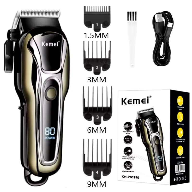 Kemei Professional Hair Clipper Electric Barber Clipper USB Rechargeable Hair Trimmer for Men  LCD Display Haircut Set KM-PG1990