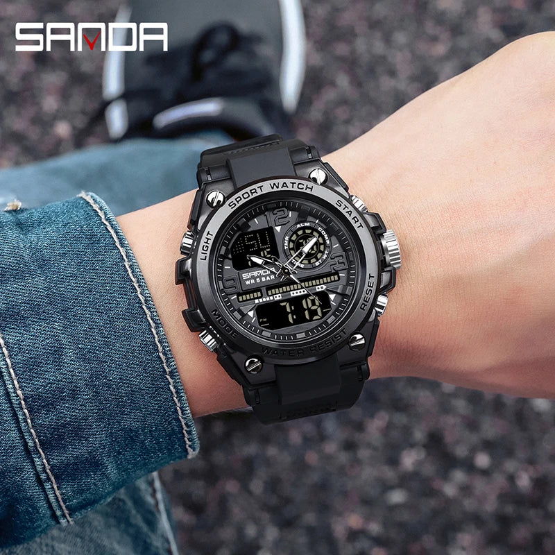 SANDA Men Sports Quartz Watches Dual Display LED Electronic Digital Wristwatches Waterproof Military Watch Relogios Masculino