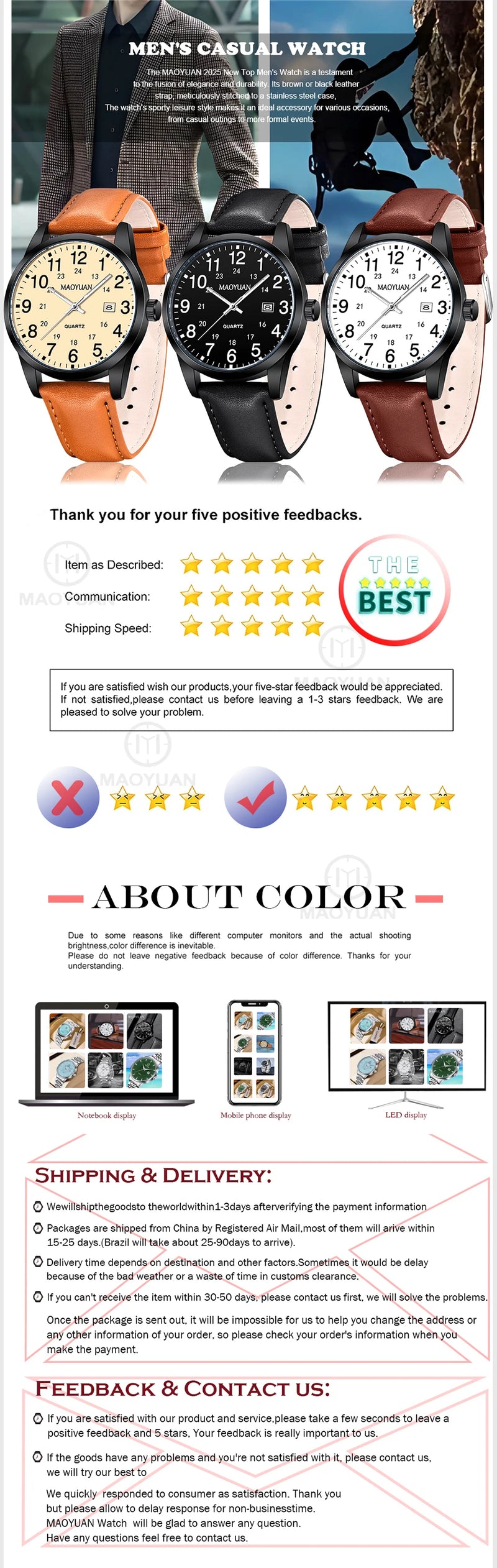 MAOYUAN 2025 New Top Men's Watch Calendar Sports Leisure Fashion Style Brown Black Leather Waterproof Quartz Watch