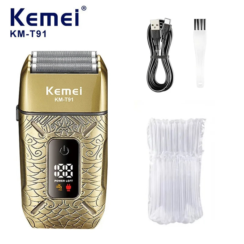 Kemei KM-T91 Reciprocating 3-Blade Electric Shaver with USB Charging, Metallic Finish, Men's Beard Trimmer