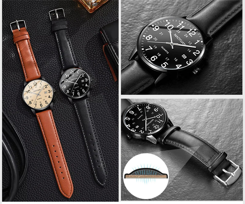 MAOYUAN 2025 New Top Men's Watch Calendar Sports Leisure Fashion Style Brown Black Leather Waterproof Quartz Watch