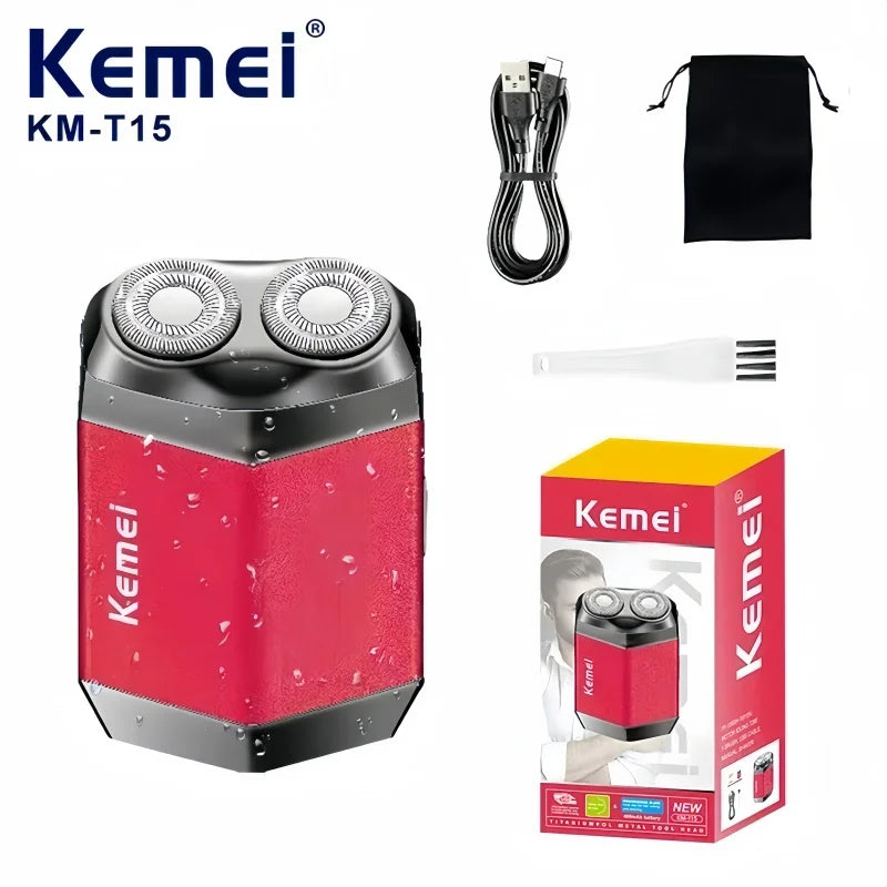 Kemei KM-T15 Portable Dual-Ring Floating Electric Shaver, Fully Washable, USB Rechargeable, Men's Beard Trimmer.