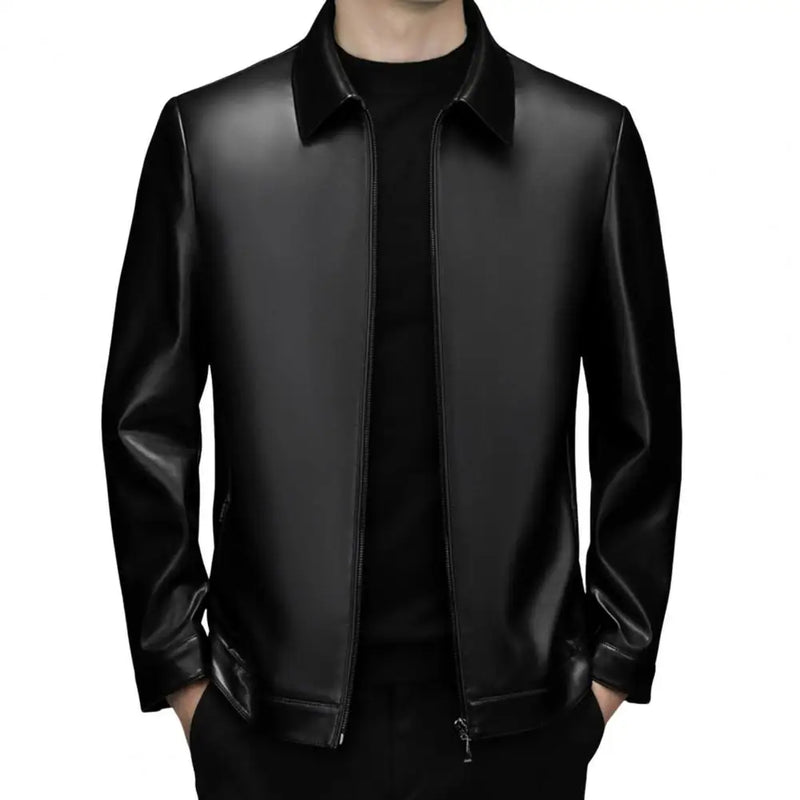 Long Sleeve Men Jacket Stylish Men's Faux Leather Jacket with Zipper Placket Lapel Collar Regular Fit Short Style for Casual