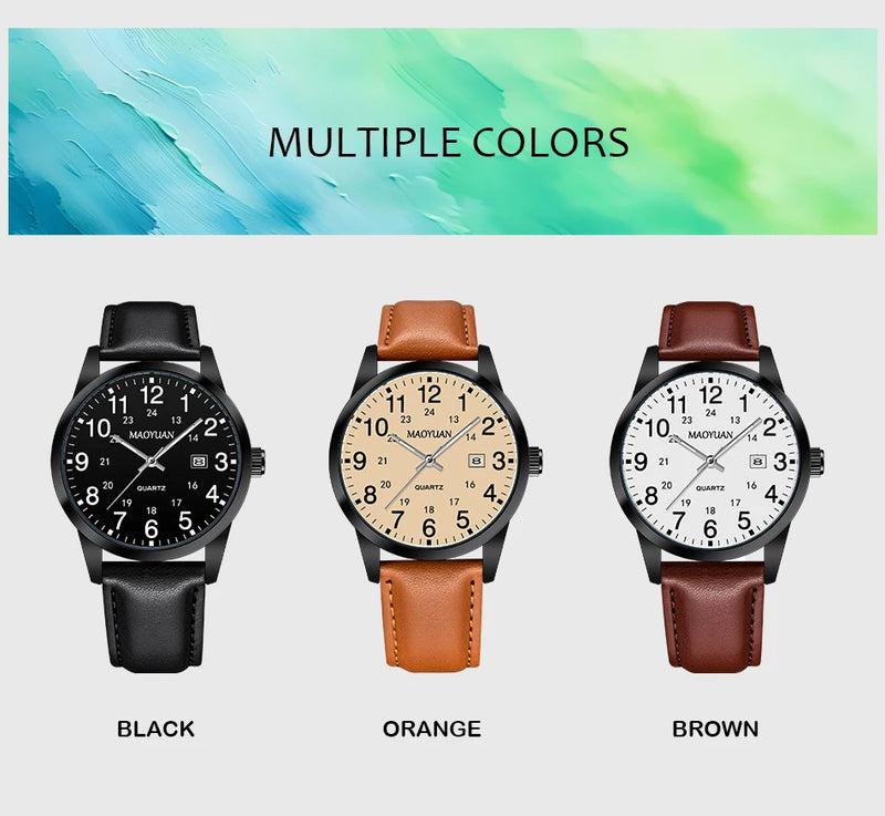 MAOYUAN 2025 New Top Men's Watch Calendar Sports Leisure Fashion Style Brown Black Leather Waterproof Quartz Watch