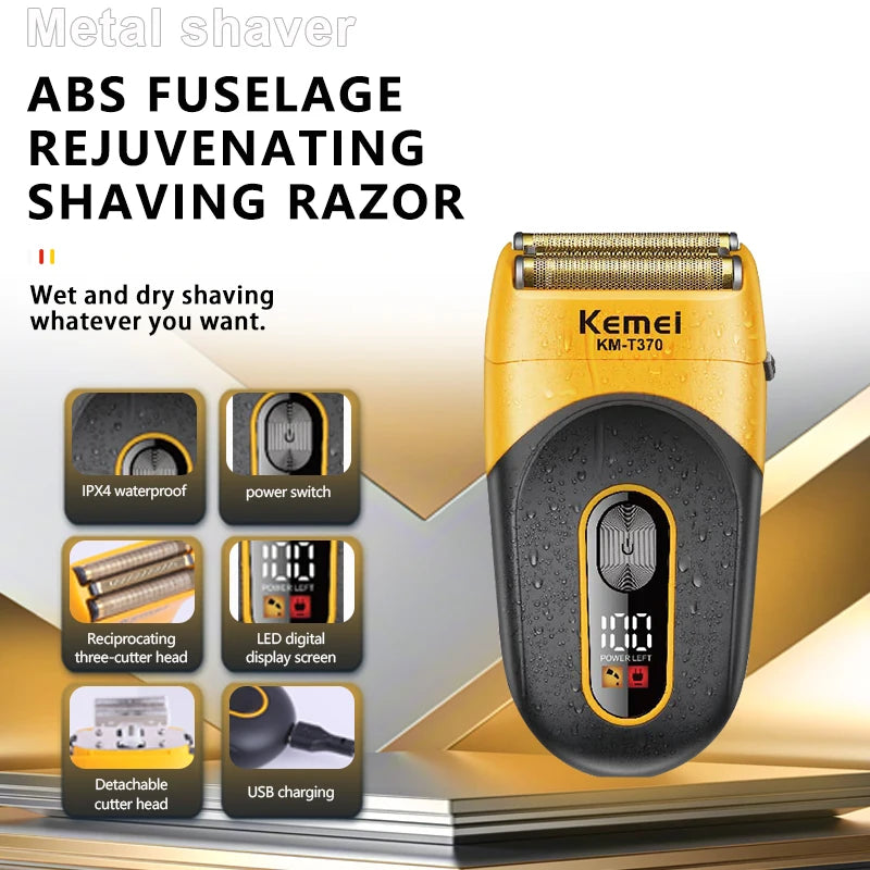 Kemei KM-T370 Shaving Machine Men Beard Trimmer Professional Waterproof Electric Foil Shaver Barber 3 Blades USB Charging Razor