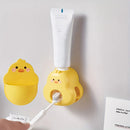 Cute Yellow Duck Automatic Toothpaste Dispenser with Built-In Toothbrush Holder - Wall Mounted, Easy Squeeze Bathroom Accessory
