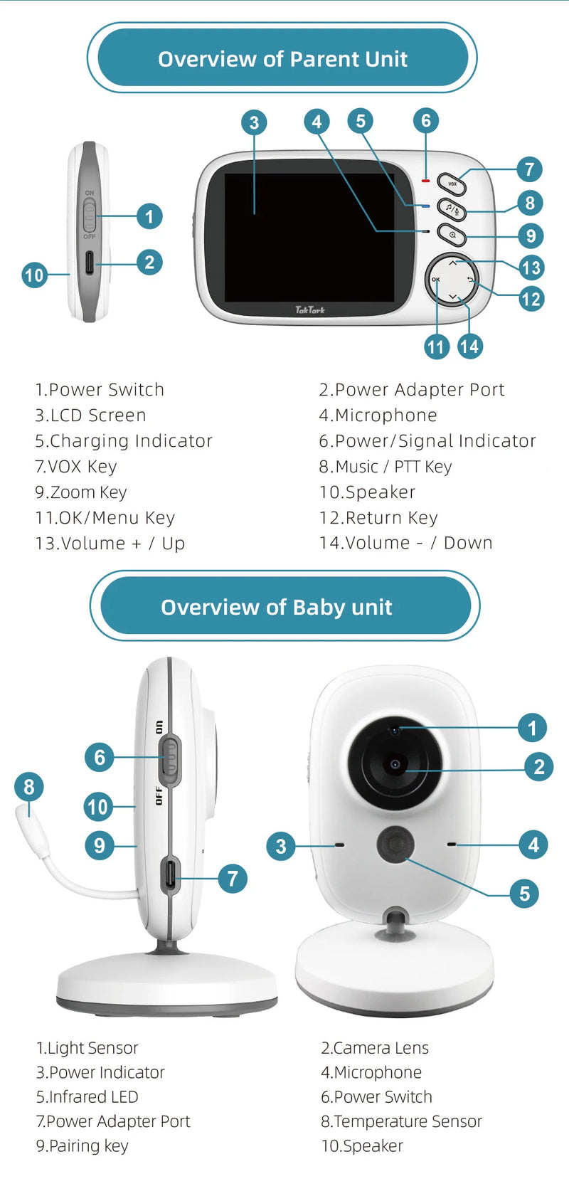 TakTark 3.2 Inch Wireless Video Baby Monitor With Lullabies Auto Night Vision Two Way Intercom Temperature Monitoring Babysitter