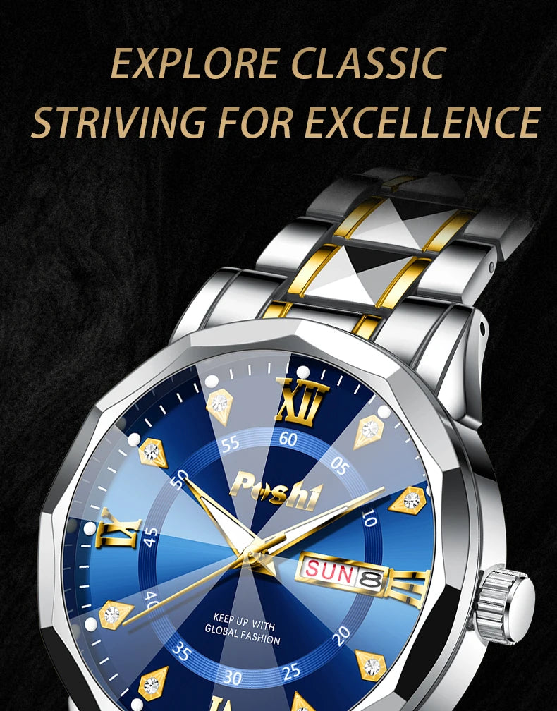 POSHI Men's Watch Date Week Fashion Watch Men Original Waterproof Non-mechanical Luminous Dual Calendar Quartz Wristwatch