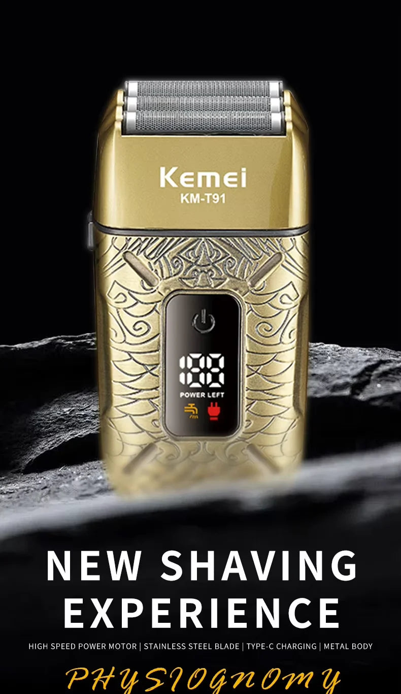 Kemei KM-T91 Reciprocating 3-Blade Electric Shaver with USB Charging, Metallic Finish, Men's Beard Trimmer