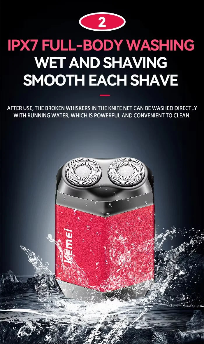 Kemei KM-T15 Portable Dual-Ring Floating Electric Shaver, Fully Washable, USB Rechargeable, Men's Beard Trimmer.