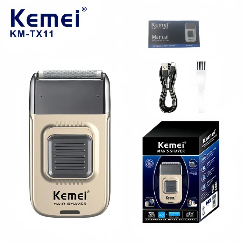 Kemei KM-TX11 Portable Electric Shaver – Reciprocating Blades,Arc-Shaped Foil,USB Rechargeable & Plug-in Dual Use, Beard Trimmer