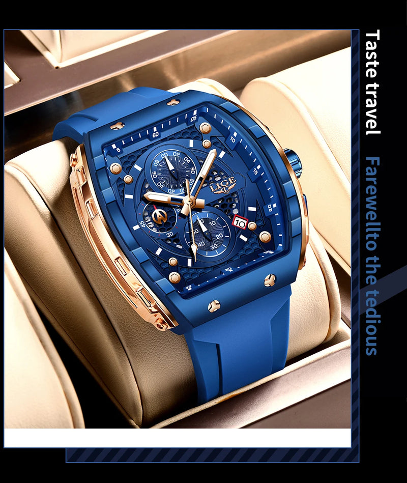 LIGE Man Watch Fashion Luxury Waterproof Silicone Strap Quartz Men's Watches Luminous Sports Auto Date Chronograph Simple Clocks