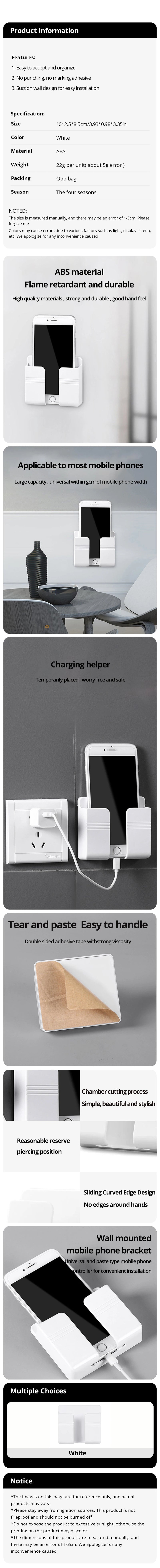 1Pc White Punch Free Wall Mount Phone Plug Holder Mobile Phone Charging Stand Air Conditioner TV Remote Control Storage Box