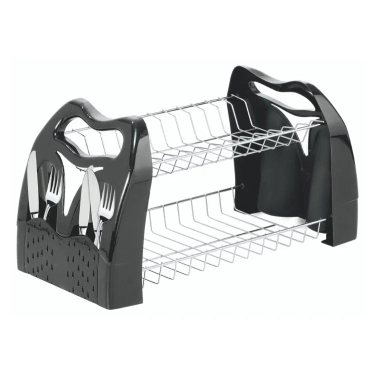 12 Dishes Double Dishes Drainer with Cutlery Door and Black Plastic Base