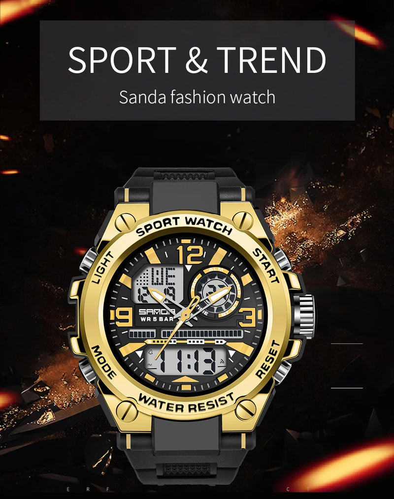 SANDA Men Sports Quartz Watches Dual Display LED Electronic Digital Wristwatches Waterproof Military Watch Relogios Masculino