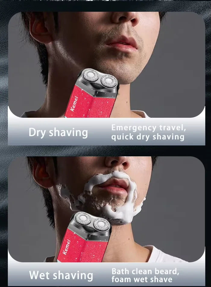 Kemei KM-T15 Portable Dual-Ring Floating Electric Shaver, Fully Washable, USB Rechargeable, Men's Beard Trimmer.