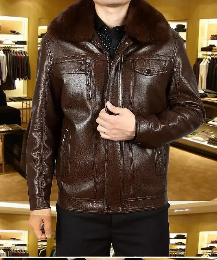 Leather Jacket Men Coats 2024 Brand High Quality PU Outerwear Men Business Winter Faux Fur Male Jacket Fleece