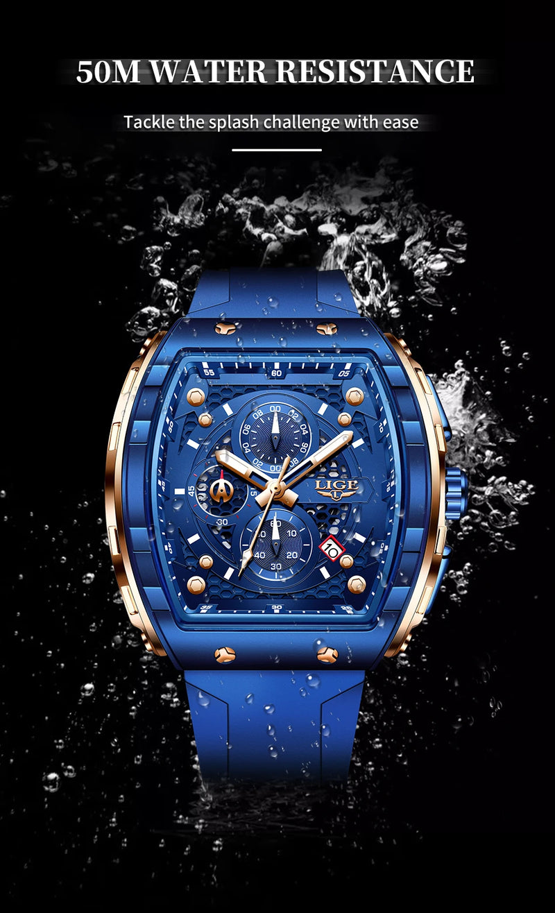 LIGE Man Watch Fashion Luxury Waterproof Silicone Strap Quartz Men's Watches Luminous Sports Auto Date Chronograph Simple Clocks