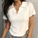 Summer Short Sleeve Lapel Top Women'S Solid V-Neck Pullovers Retro Sweet Shirts Hot Girl Crop Top Female Slim Versatile Tee