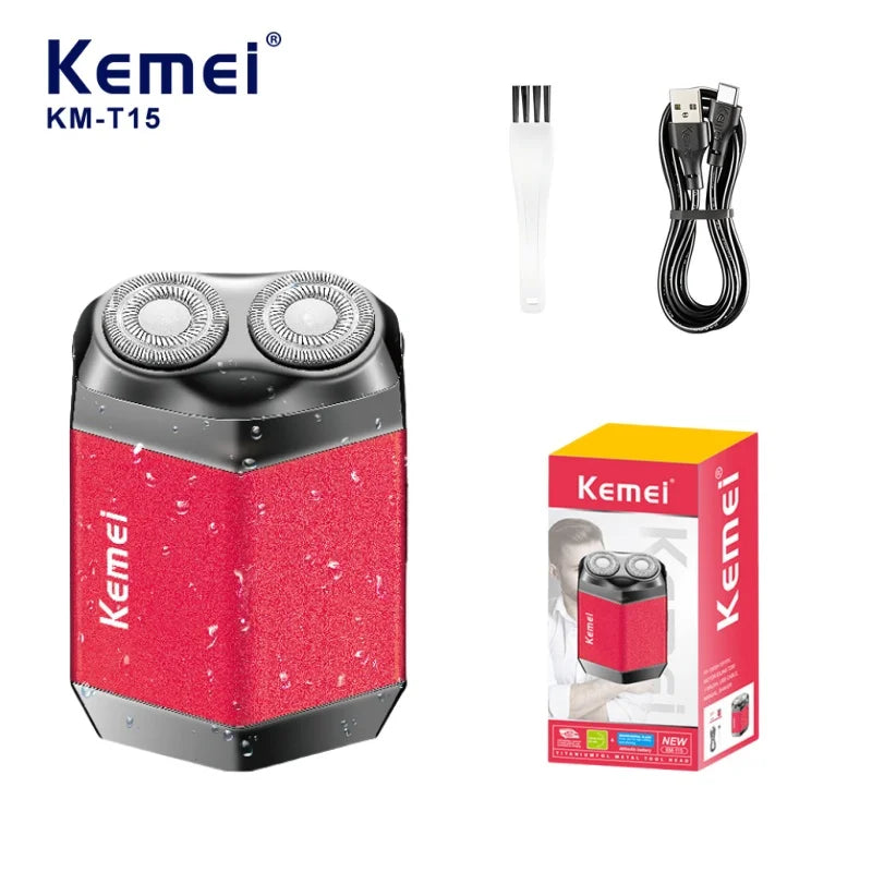 Kemei KM-T15 Portable Dual-Ring Floating Electric Shaver, Fully Washable, USB Rechargeable, Men's Beard Trimmer.