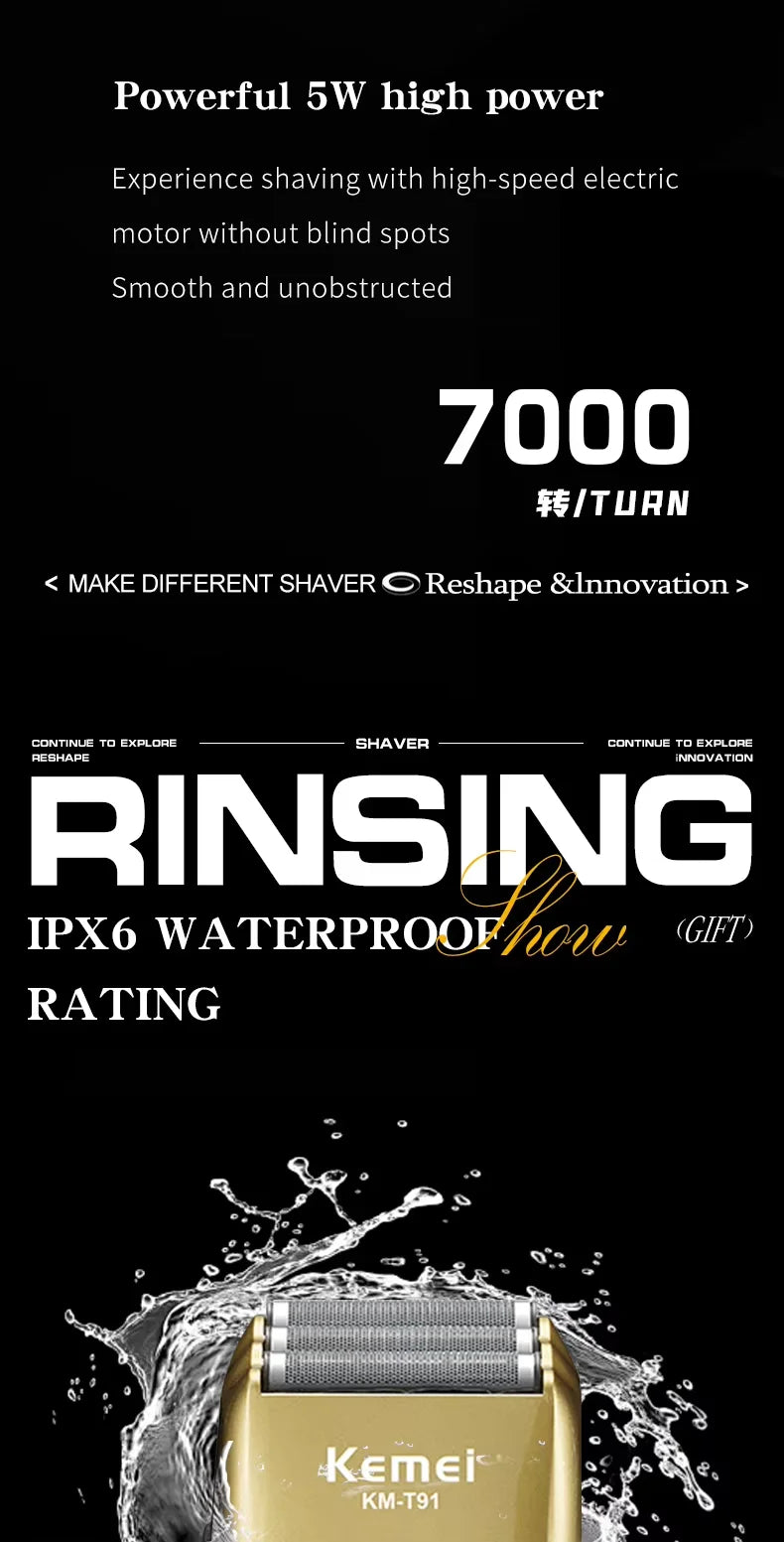 Kemei KM-T91 Reciprocating 3-Blade Electric Shaver with USB Charging, Metallic Finish, Men's Beard Trimmer