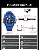 LIGE Man Watch Fashion Luxury Waterproof Silicone Strap Quartz Men's Watches Luminous Sports Auto Date Chronograph Simple Clocks