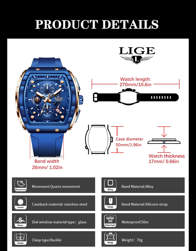LIGE Man Watch Fashion Luxury Waterproof Silicone Strap Quartz Men's Watches Luminous Sports Auto Date Chronograph Simple Clocks