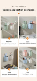 1pc Cute Rabbit Storage Rack No Punching Marking Required Makeup Brush Storage Box Bathroom Wall Mounted Toothbrush Holder