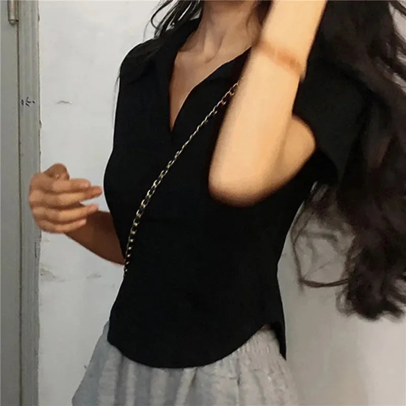 Summer Short Sleeve Lapel Top Women'S Solid V-Neck Pullovers Retro Sweet Shirts Hot Girl Crop Top Female Slim Versatile Tee