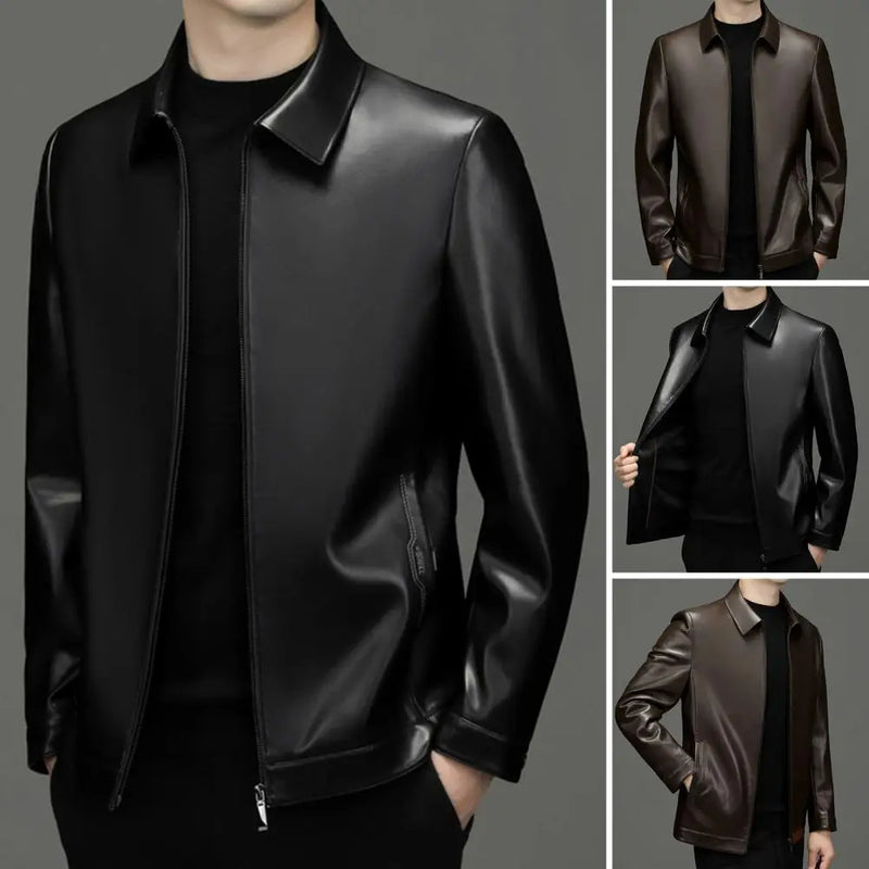 Long Sleeve Men Jacket Stylish Men's Faux Leather Jacket with Zipper Placket Lapel Collar Regular Fit Short Style for Casual