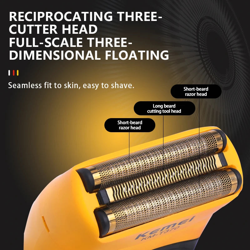 Kemei KM-T370 Shaving Machine Men Beard Trimmer Professional Waterproof Electric Foil Shaver Barber 3 Blades USB Charging Razor