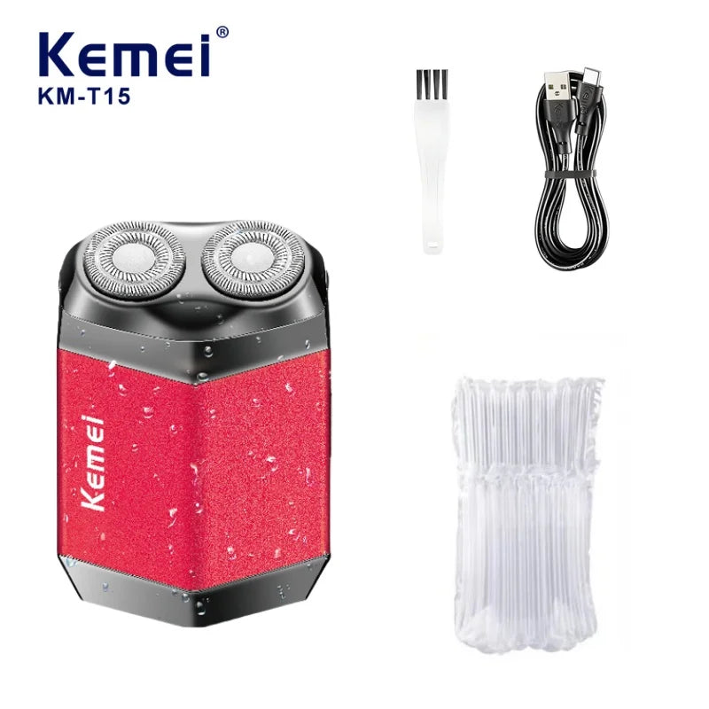 Kemei KM-T15 Portable Dual-Ring Floating Electric Shaver, Fully Washable, USB Rechargeable, Men's Beard Trimmer.