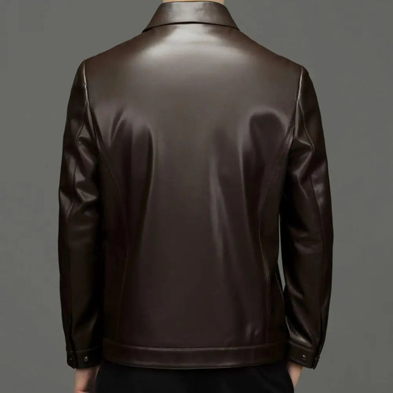 Long Sleeve Men Jacket Stylish Men's Faux Leather Jacket with Zipper Placket Lapel Collar Regular Fit Short Style for Casual