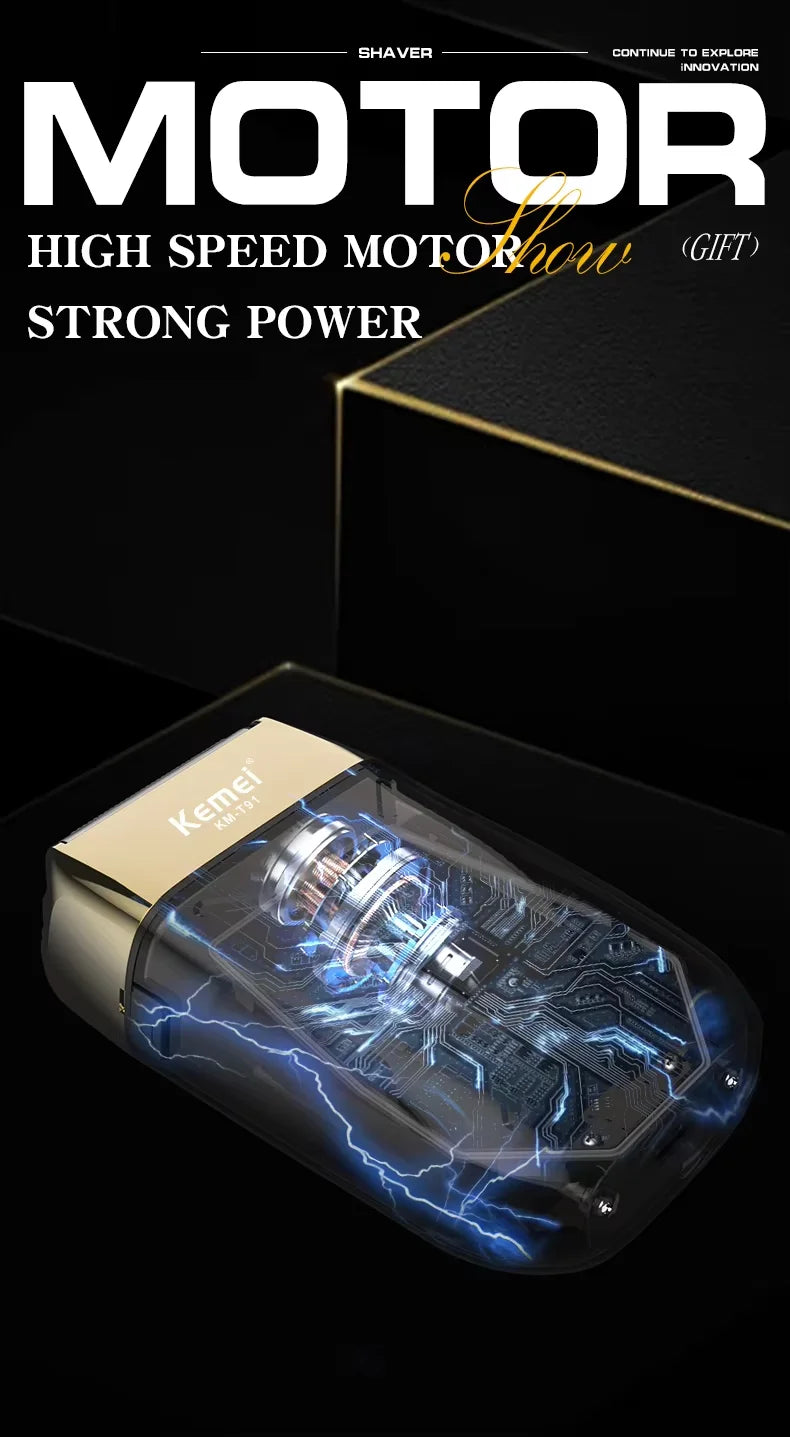 Kemei KM-T91 Reciprocating 3-Blade Electric Shaver with USB Charging, Metallic Finish, Men's Beard Trimmer