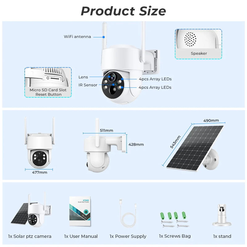 WiFi PTZ Camera Outdoor Wireless Solar IP Camera 4MP HD Built-in Battery Video Surveillance Camera Long Time Standby iCsee APP